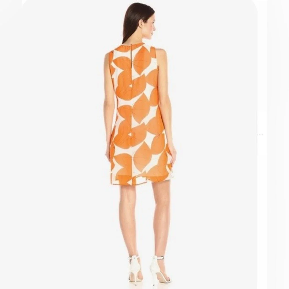 Nine West orange and white tropical abstract print shift dress size 2